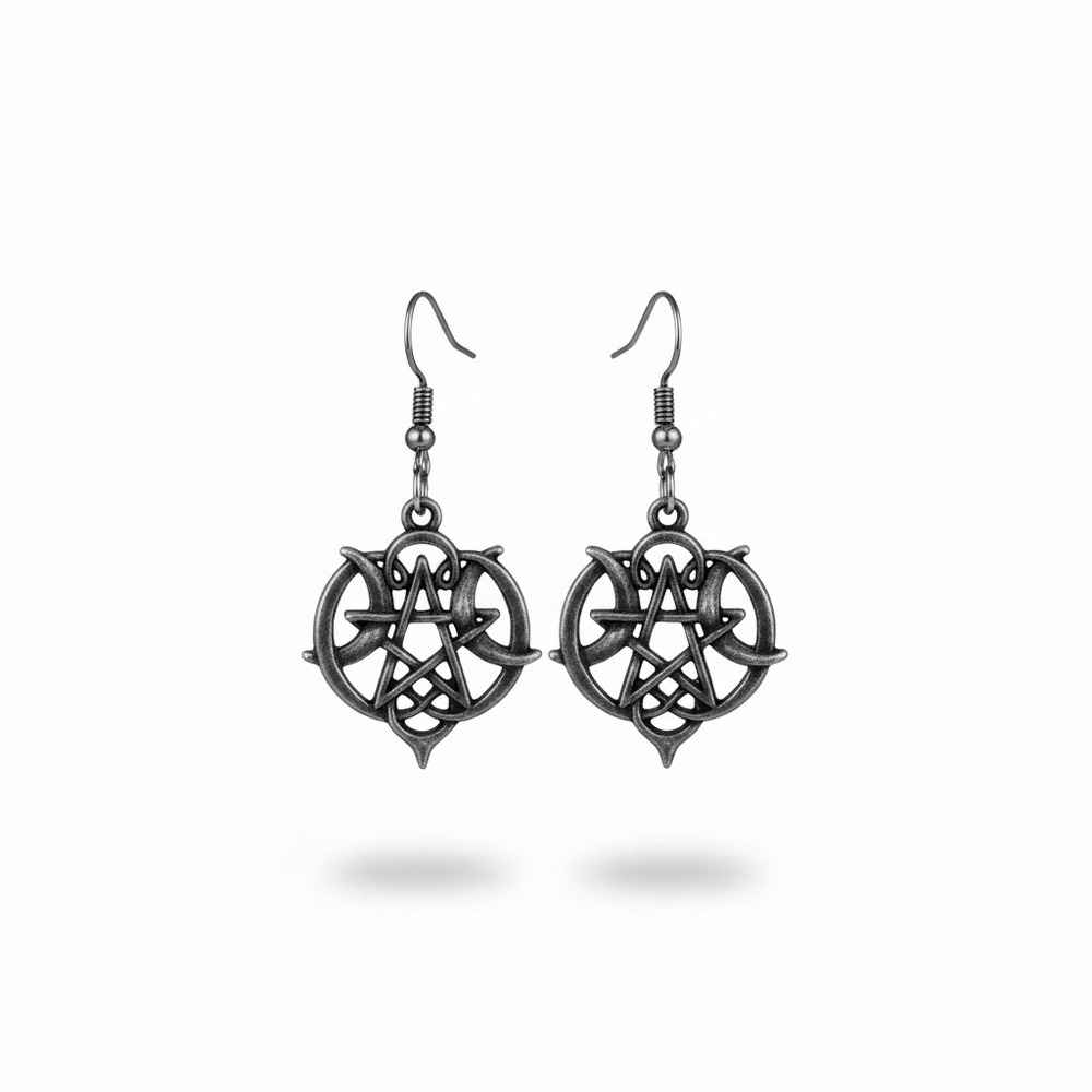 Gothic Pentagram Moon Crescent Dangle Earrings Silver‎ Tone Occult Witchy